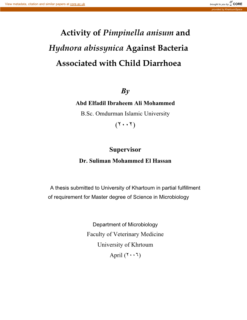 Activity of Pimpinella Anisum and Hydnora Abissynica Against Bacteria Associated with Child Diarrhoea