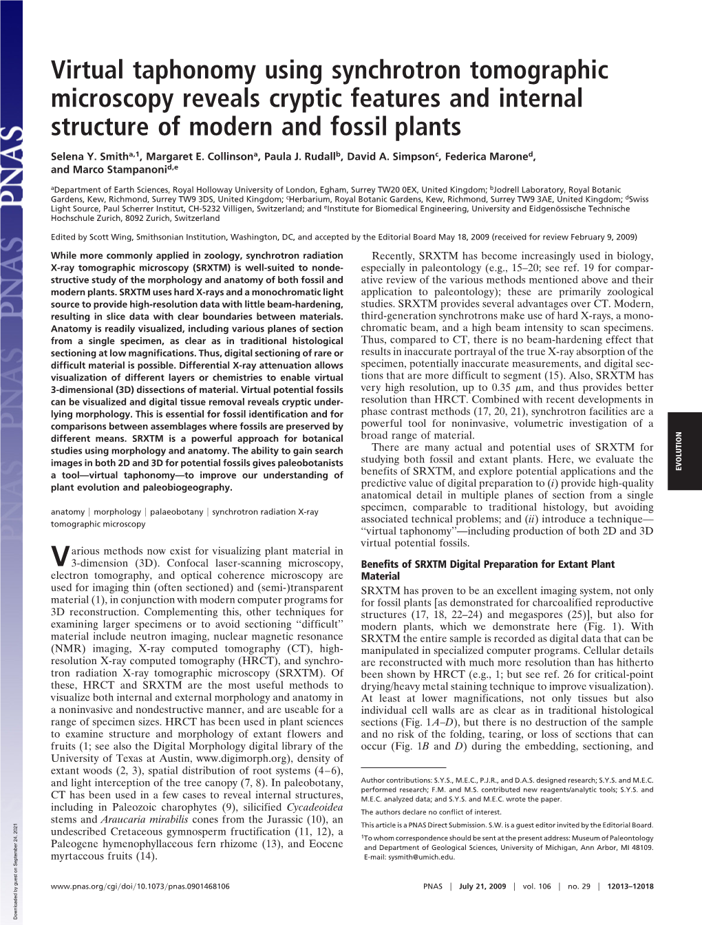Virtual Taphonomy Using Synchrotron Tomographic Microscopy Reveals Cryptic Features and Internal Structure of Modern and Fossil Plants