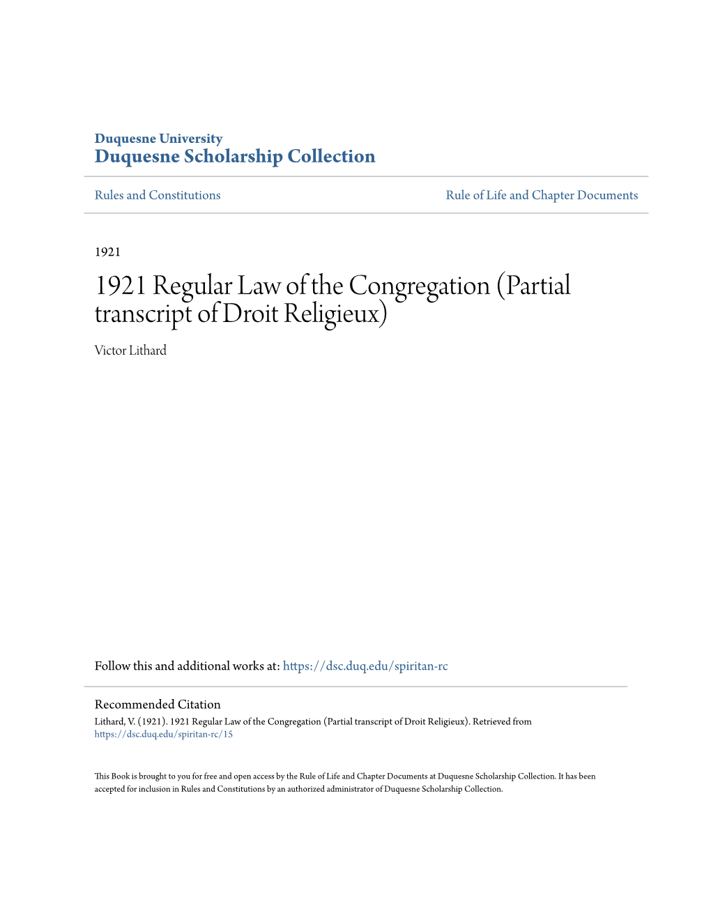 1921 Regular Law of the Congregation (Partial Transcript of Droit Religieux) Victor Lithard