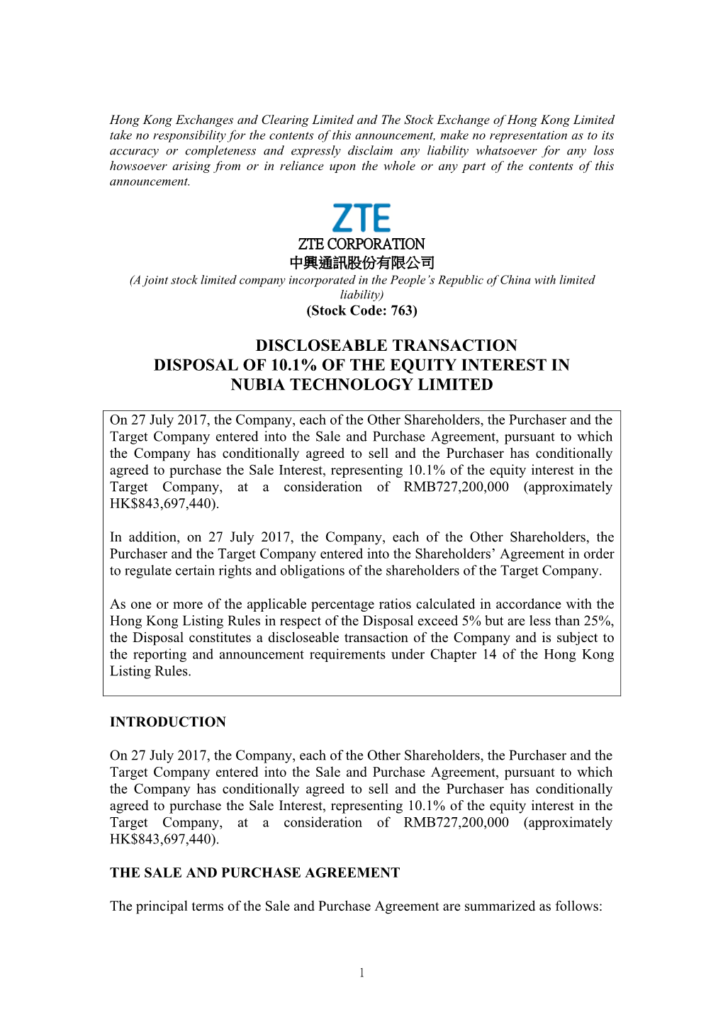 Discloseable Transaction Disposal of 10.1% of the Equity Interest in Nubia Technology Limited