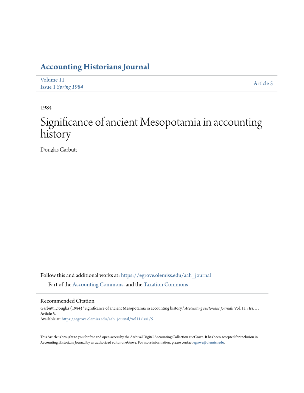 Significance of Ancient Mesopotamia in Accounting History Douglas Garbutt