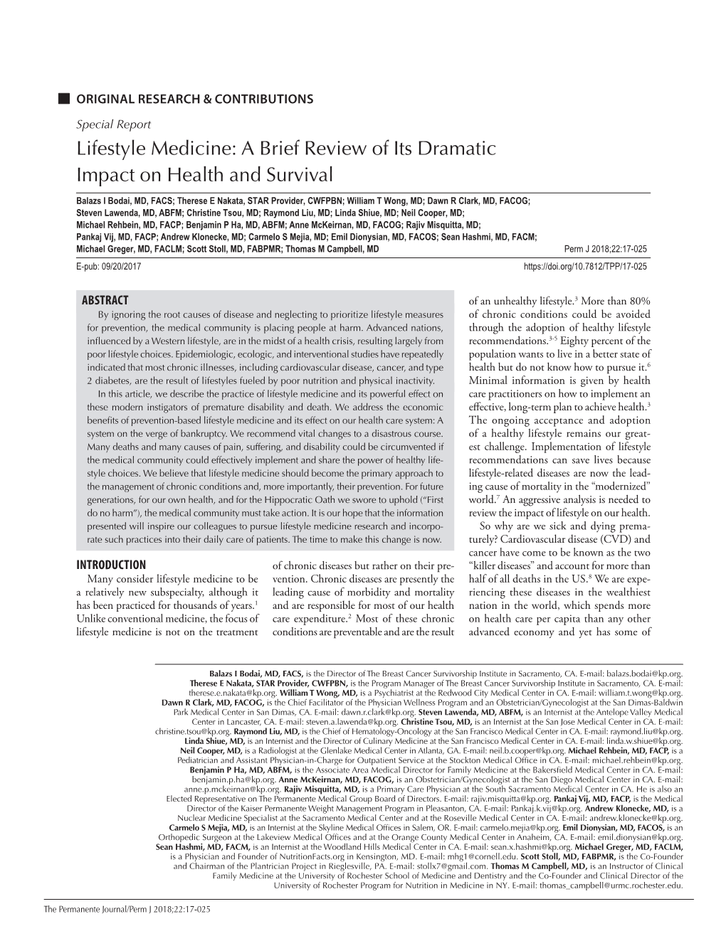 Lifestyle Medicine: a Brief Review of Its Dramatic Impact on Health and Survival