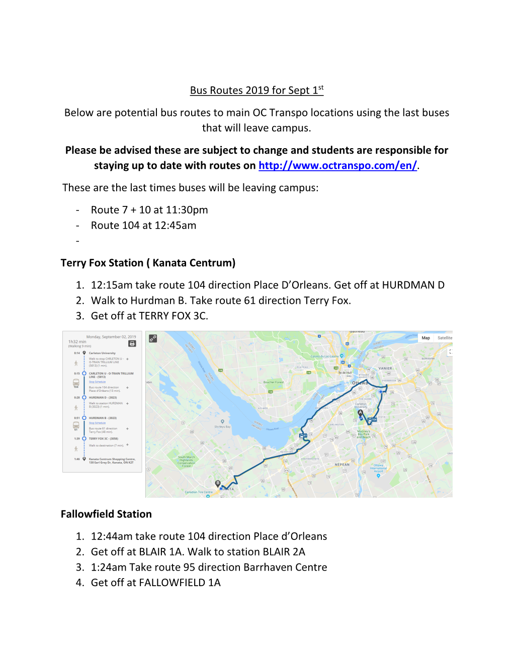 Bus Routes 2019 for Sept 1St Below Are Potential Bus Routes to Main OC Transpo Locations Using the Last Buses That Will Leave Campus