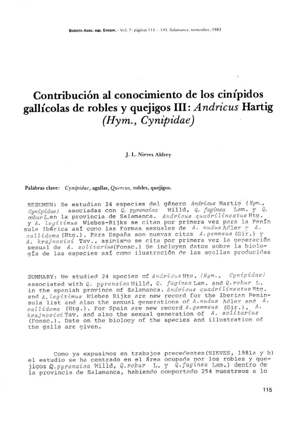 Contribución Al Conocimiento De Los Cinípidos Gallicolas De Robles Y Quejigos III:Andncus Hartig (Hym., Cynipidae)