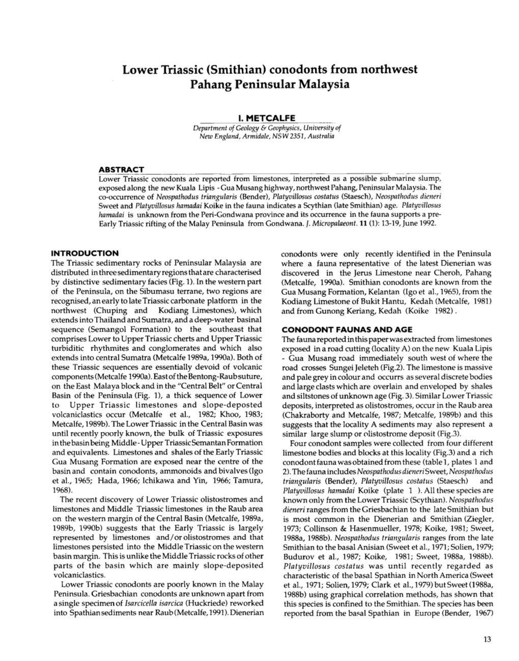 Lower Triassic (Smithian) Conodonts from Northwest Pahang Peninsular Malaysia