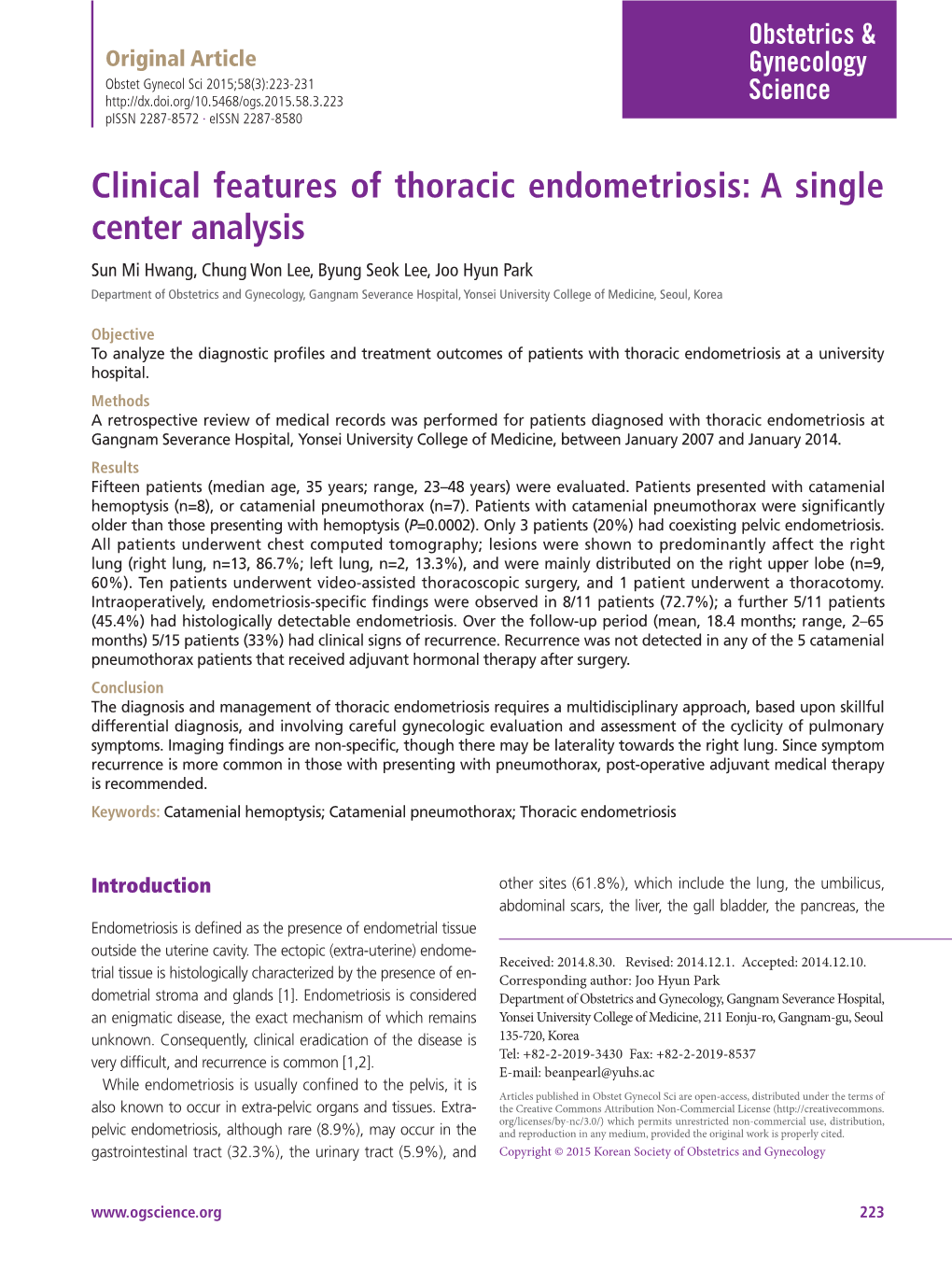 Clinical Features of Thoracic Endometriosis