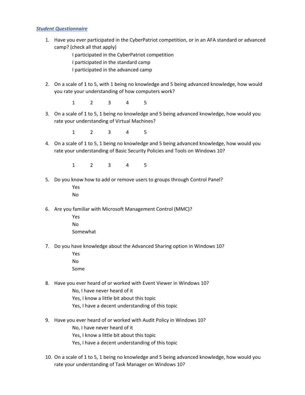 Cybercamp Participant Assessment Questionnaire