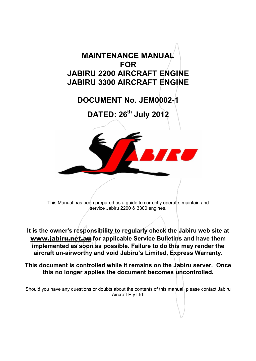 Maintenance Manual for Jabiru 2200 Aircraft Engine Jabiru 3300 Aircraft Engine