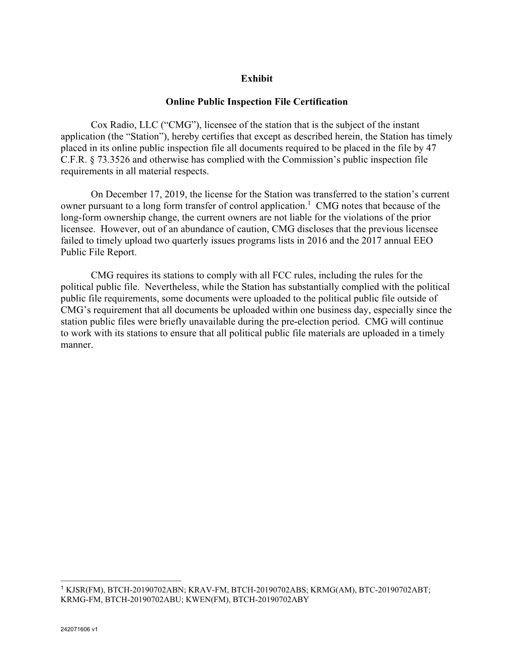 Exhibit Online Public Inspection File Certification Cox Radio, LLC