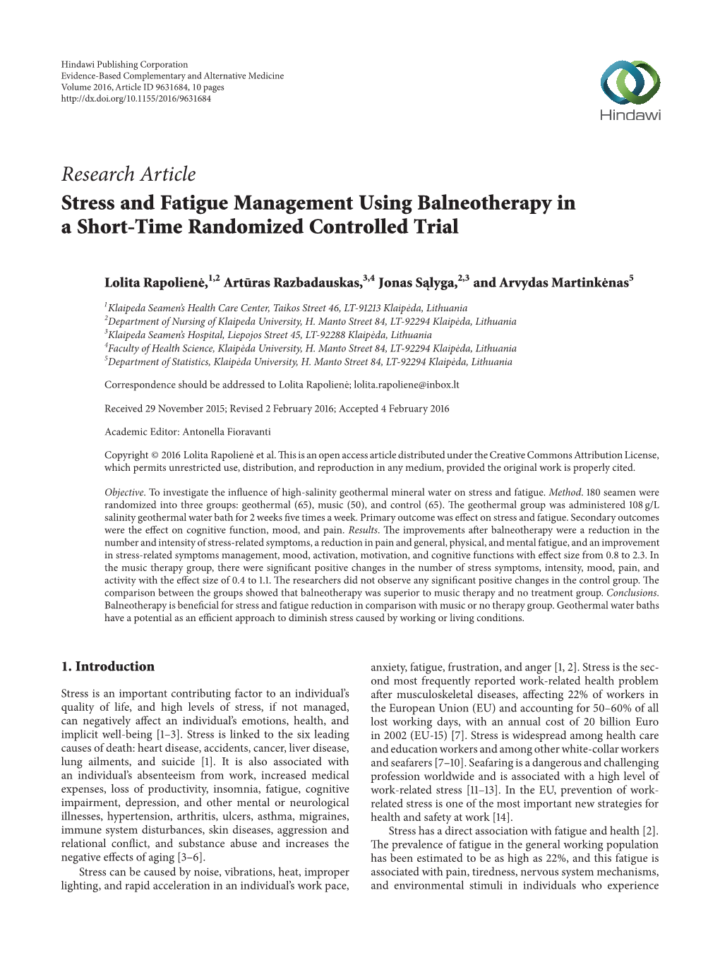 Stress and Fatigue Management Using Balneotherapy in a Short-Time Randomized Controlled Trial