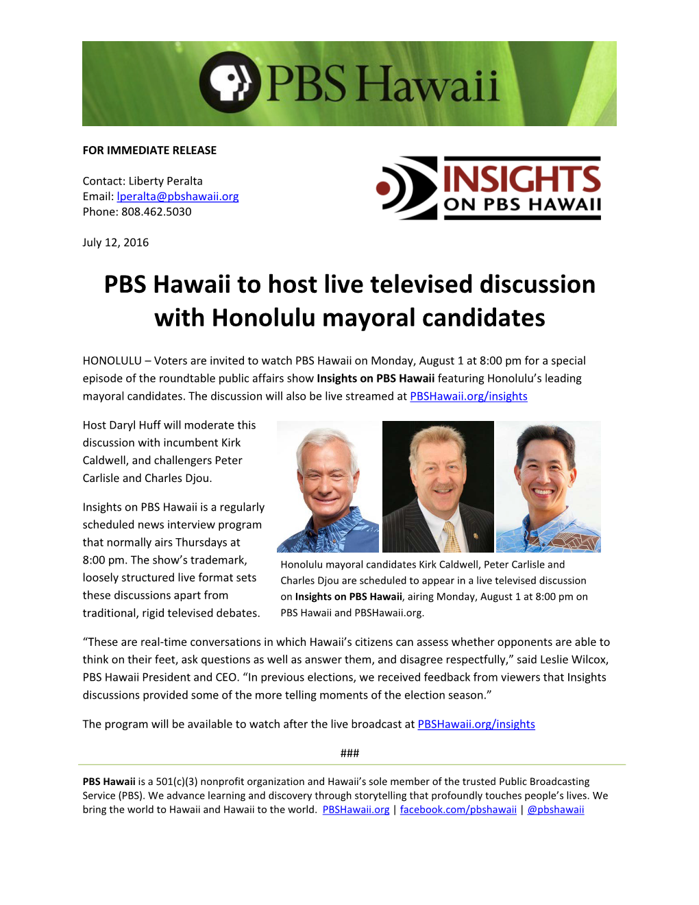PBS Hawaii to Host Live Televised Discussion with Honolulu Mayoral Candidates