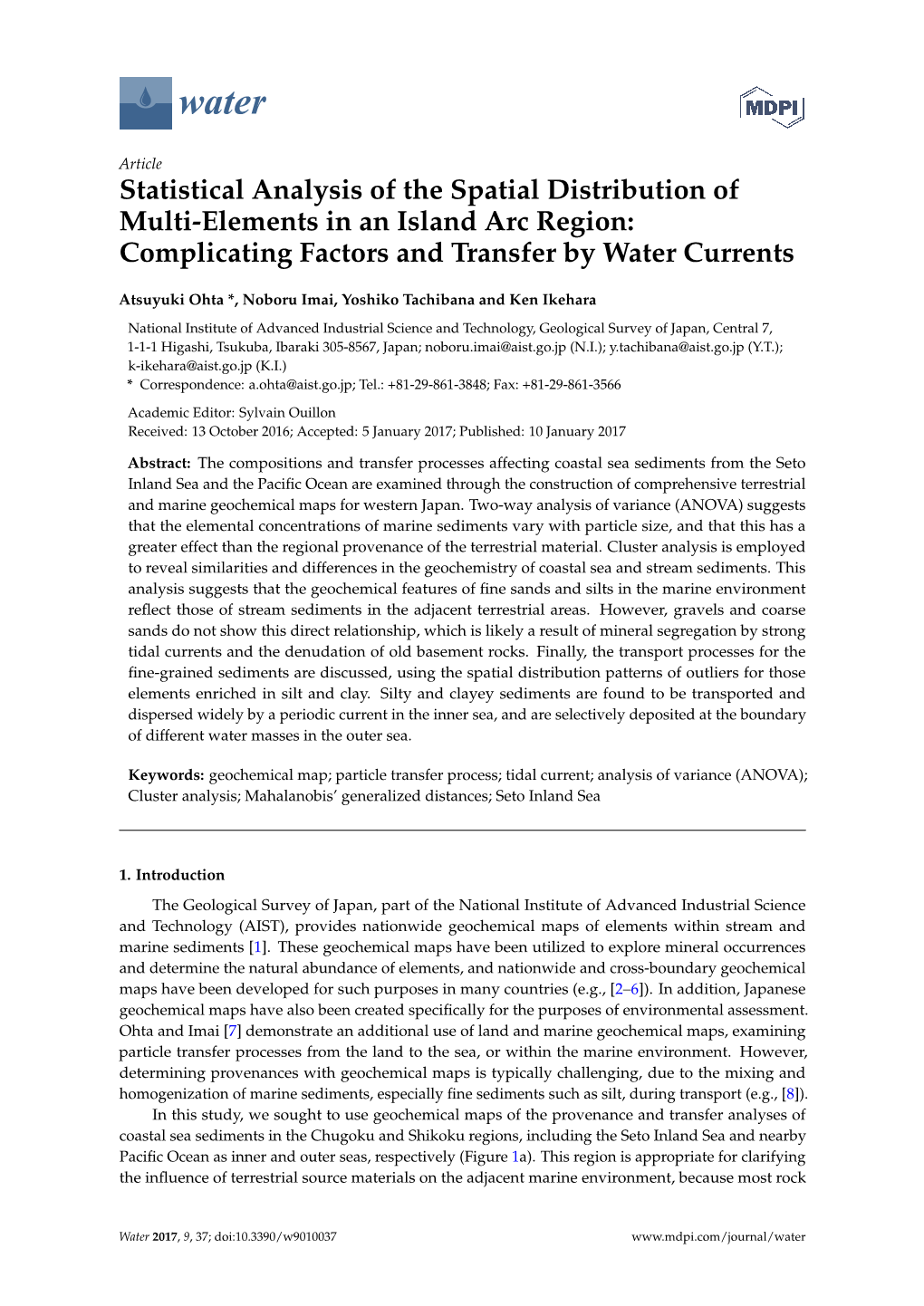 Statistical Analysis of the Spatial Distribution of Multi-Elements in an Island Arc Region: Complicating Factors and Transfer by Water Currents