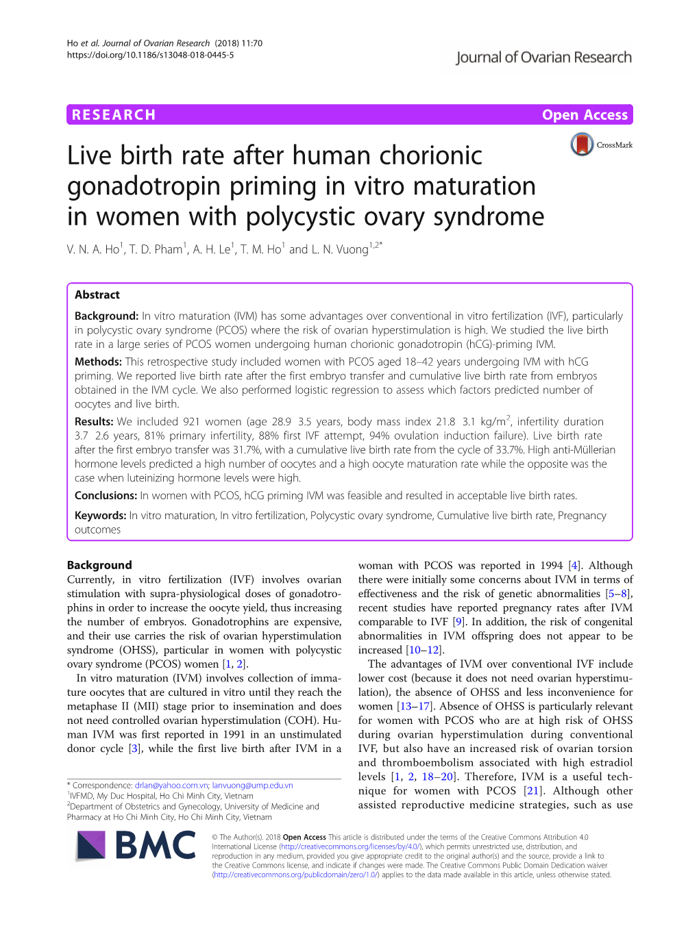 Live Birth Rate After Human Chorionic Gonadotropin Priming in Vitro Maturation in Women with Polycystic Ovary Syndrome V