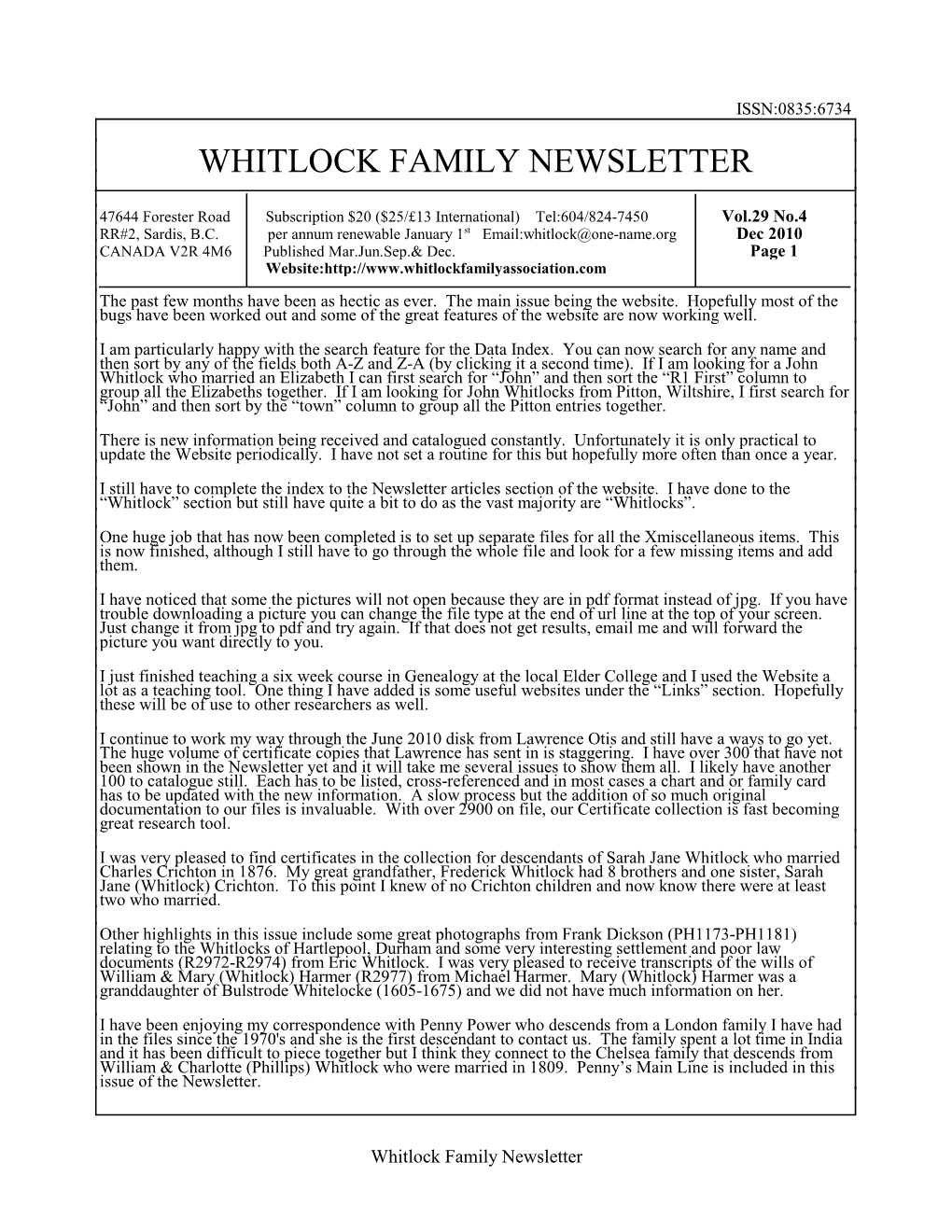 Whitlock Family Newsletter