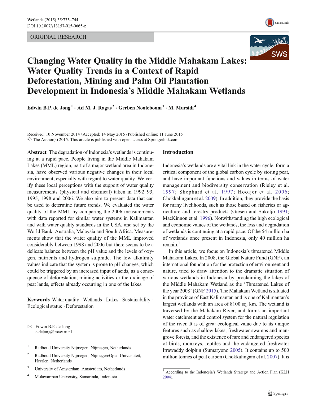 Changing Water Quality in the Middle Mahakam Lakes