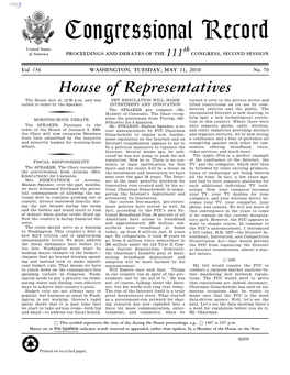 Congressional Record United States Th of America PROCEEDINGS and DEBATES of the 111 CONGRESS, SECOND SESSION