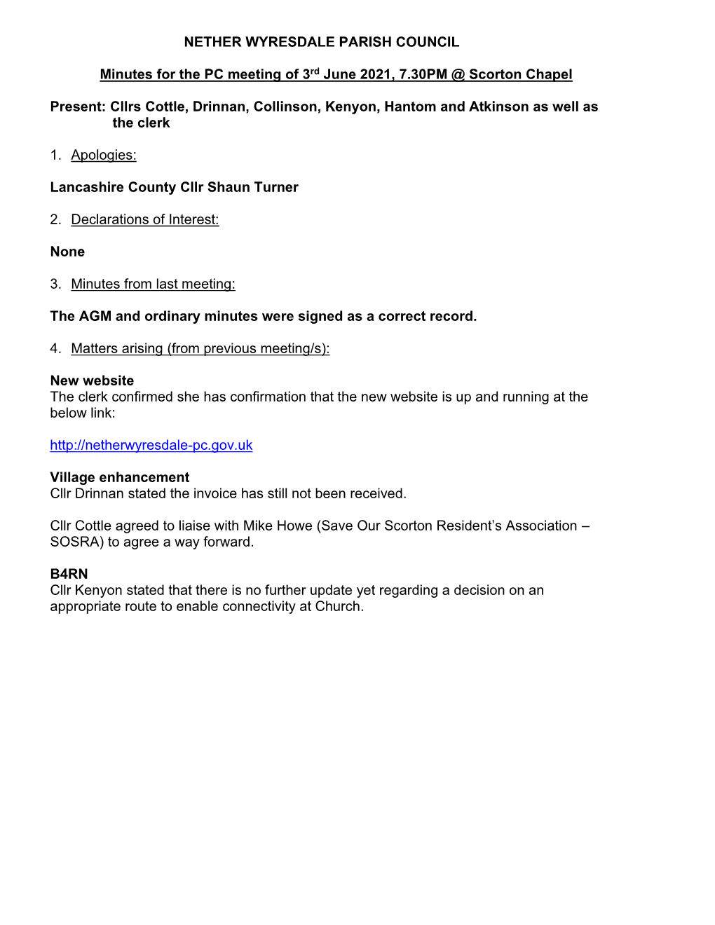 NETHER WYRESDALE PARISH COUNCIL Minutes for the PC