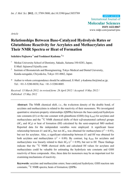 Relationships Between Base-Catalyzed Hydrolysis Rates Or Glutathione Reactivity for Acrylates and Methacrylates and Their NMR Spectra Or Heat of Formation