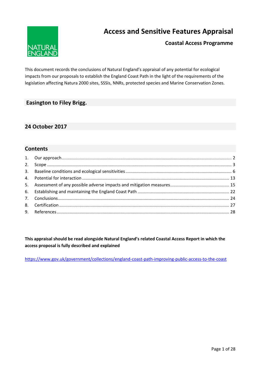 Easington to Filey Brigg Sensitive Features Report