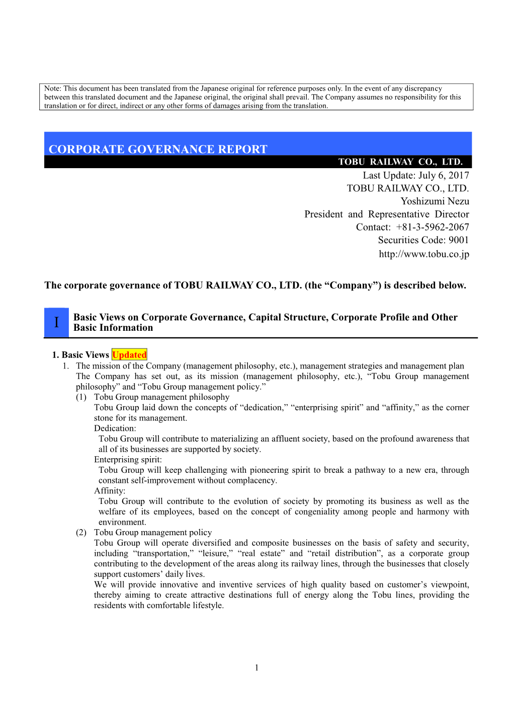 Corporate Governance Report Tobu Railway Co., Ltd