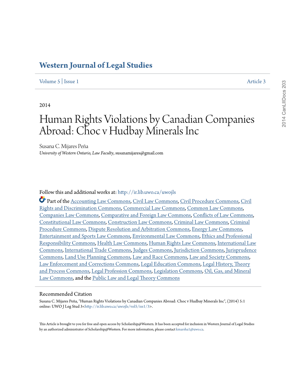Human Rights Violations by Canadian Companies Abroad: Choc V Hudbay Minerals Inc 2014 Canliidocs 203 Susana C