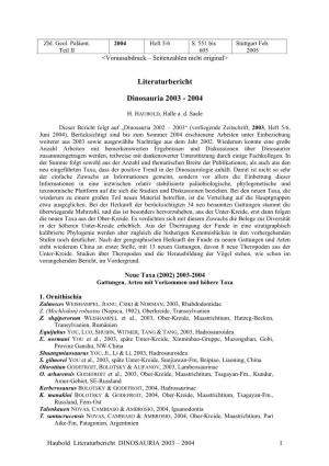 Literaturbericht DINOSAURIA 2003 – 2004 1 Hongshanosaurus YOU, XU & WANG, 2003, Psittacosauridae H