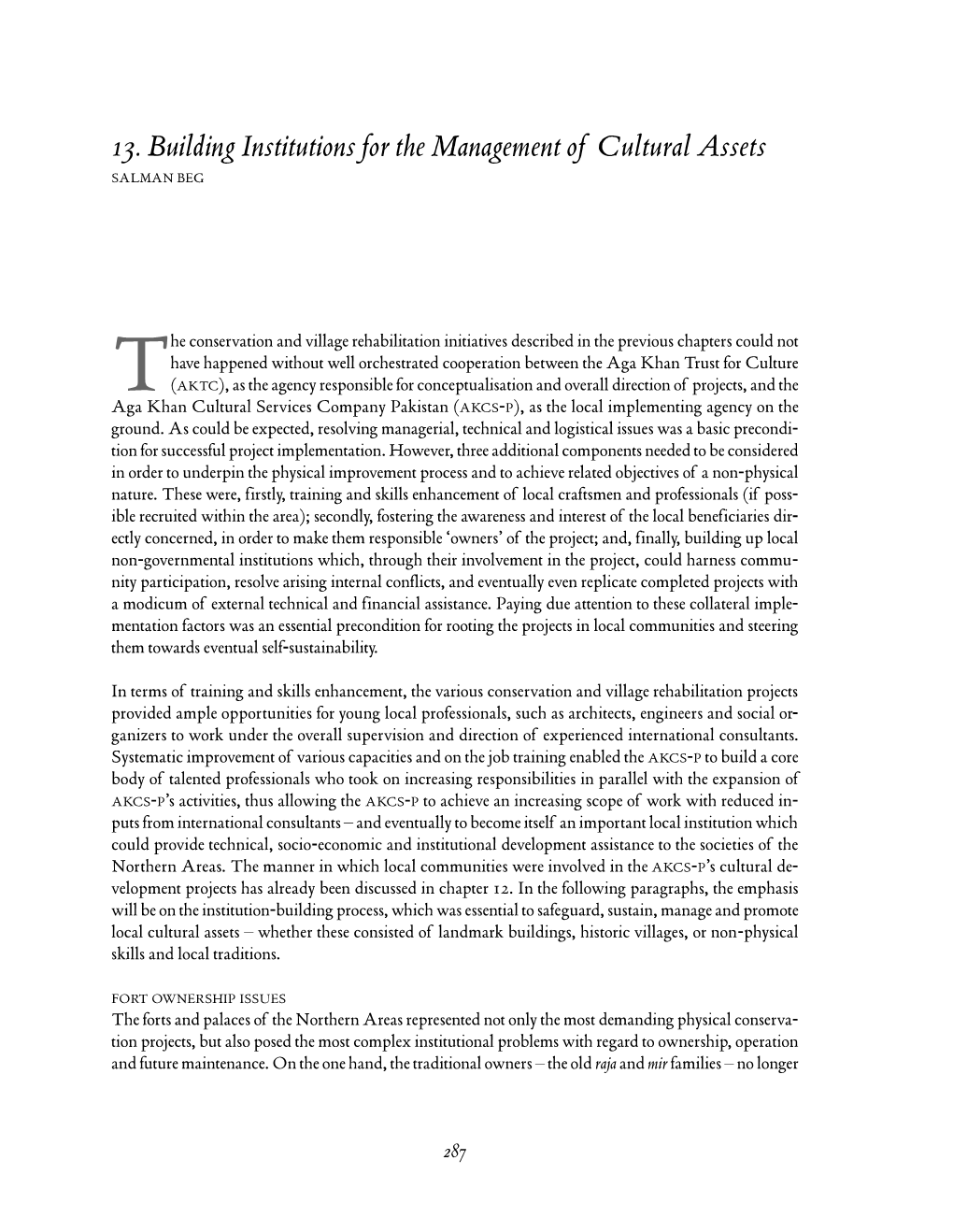Building Institutions for the Management of Cultural Assets