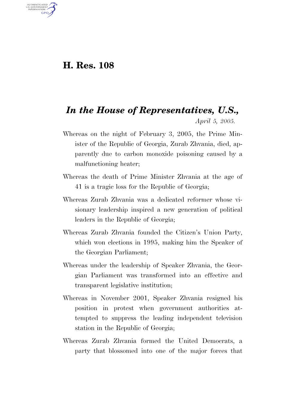 H. Res. 108 in the House of Representatives, U.S