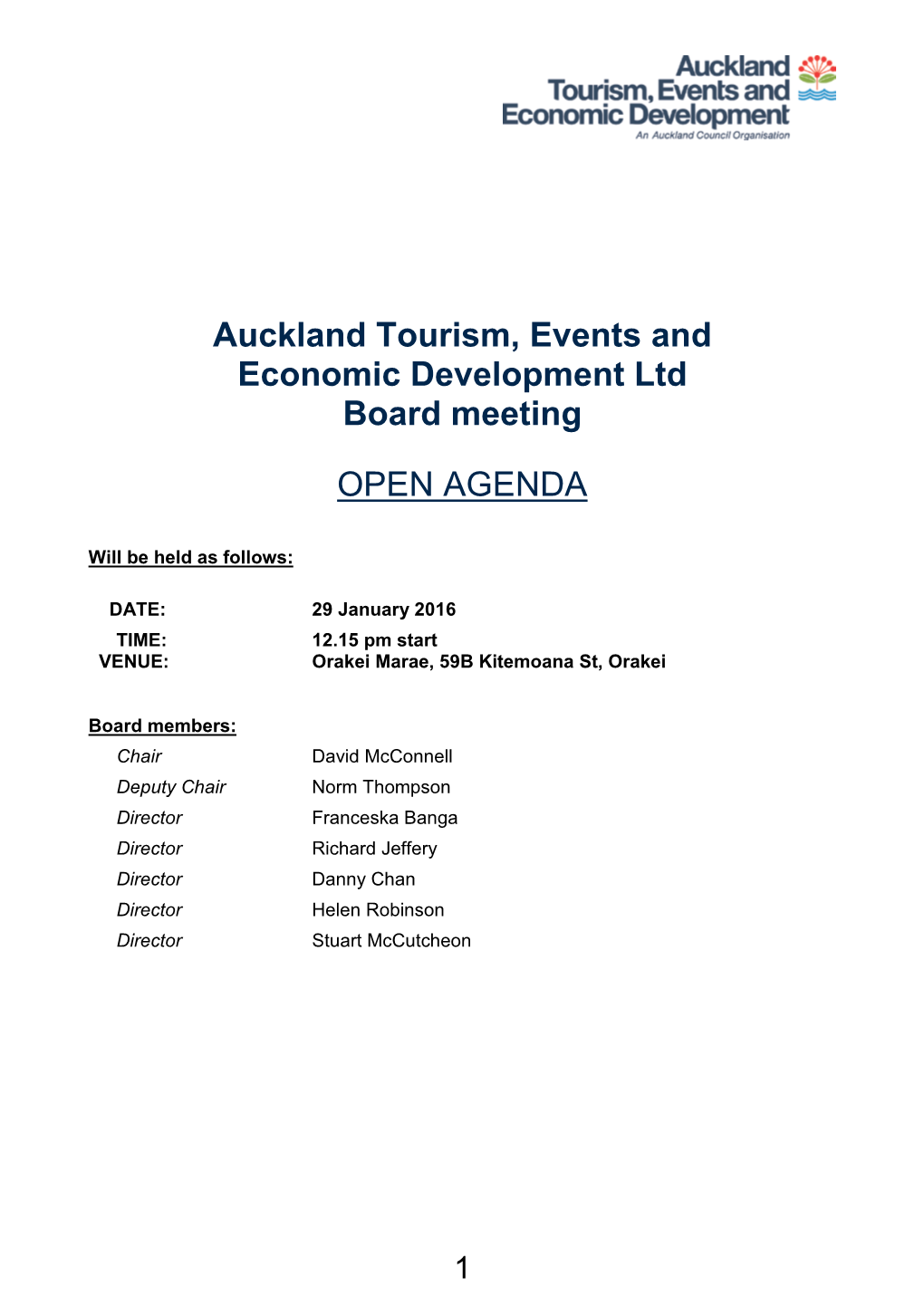 Auckland Tourism, Events and Economic Development Ltd Board Meeting