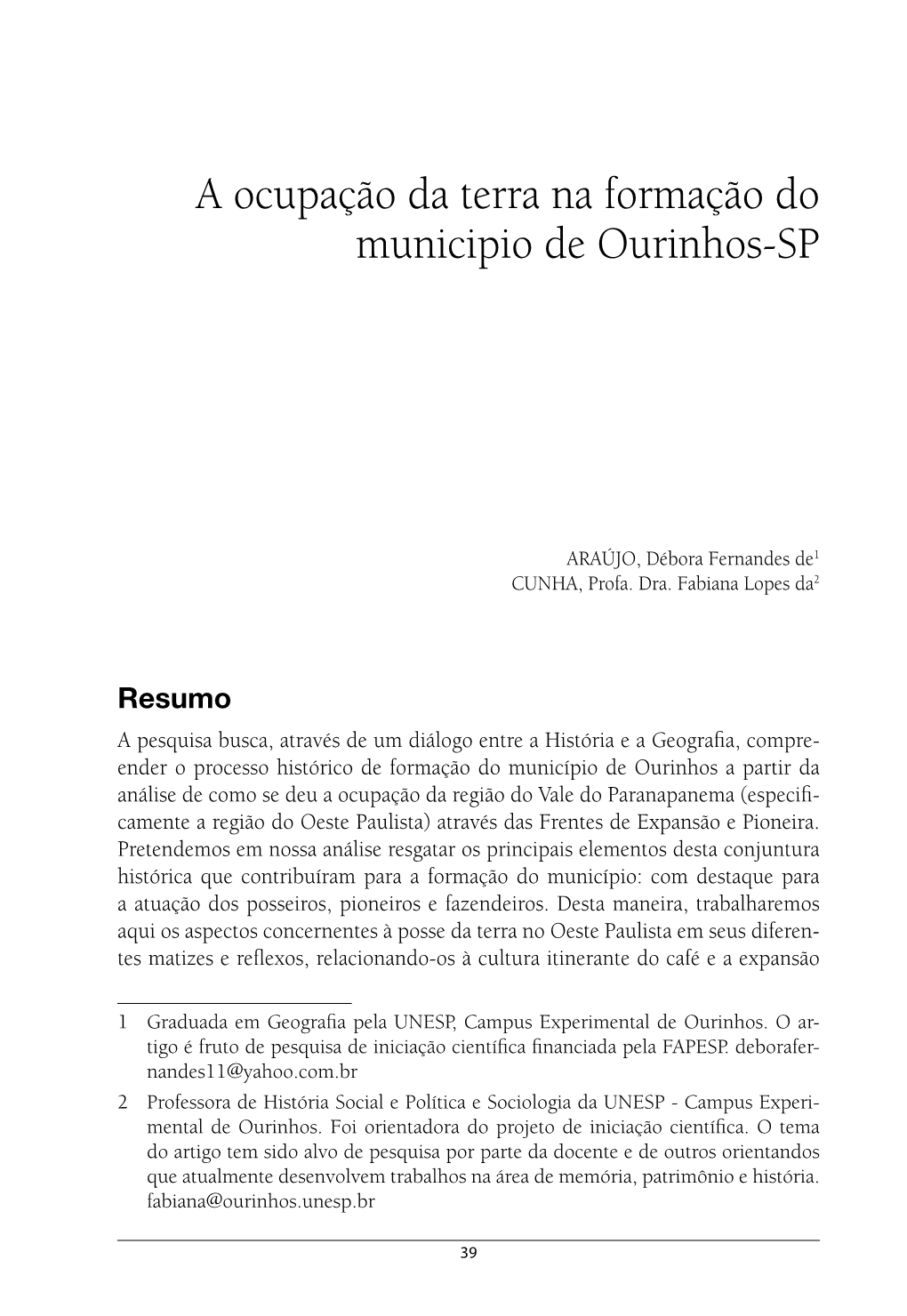 A Ocupação Da Terra Na Formação Do Municipio De Ourinhos-SP