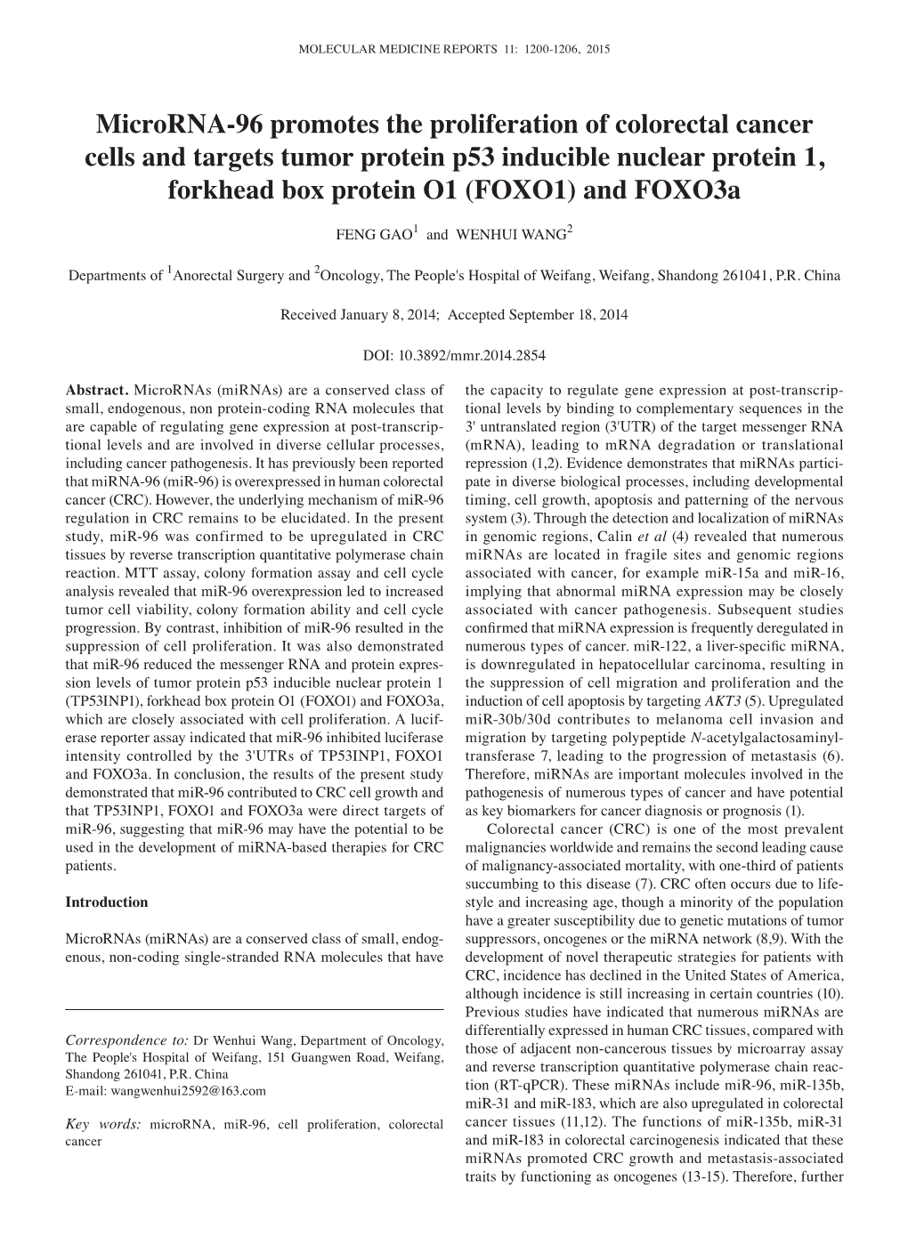 Microrna-96 Promotes the Proliferation of Colorectal Cancer