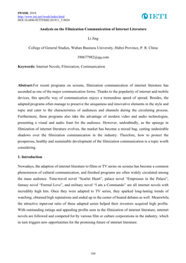 Analysis on the Filmization Communication of Internet Literature