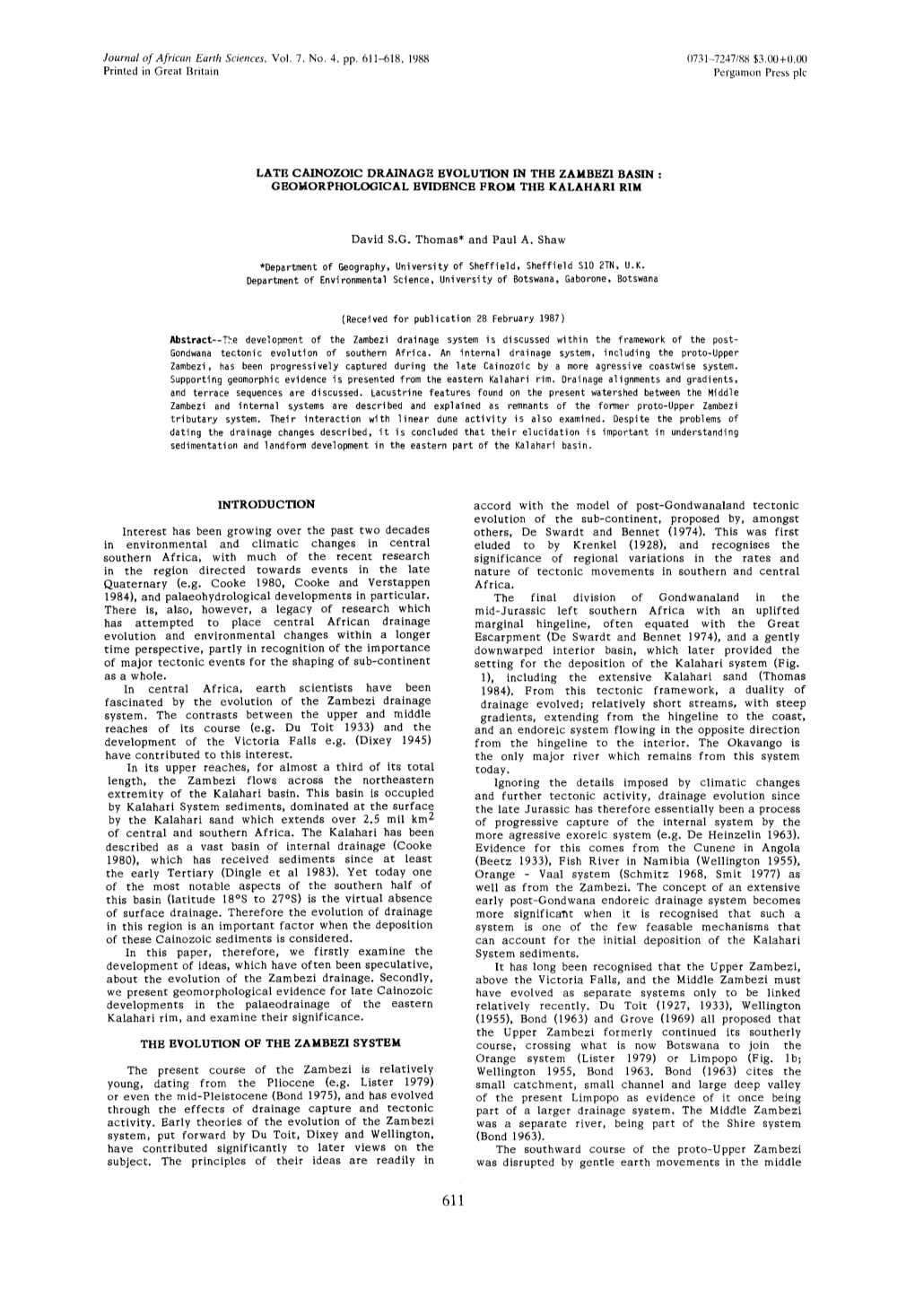 Journal of African Earth Sciences, Vol. 7, No. 4, Pp. 611~518, 1988 0731-7247/88 $3.00+0.00 Printed in Great Britain Pergamon Press Plc