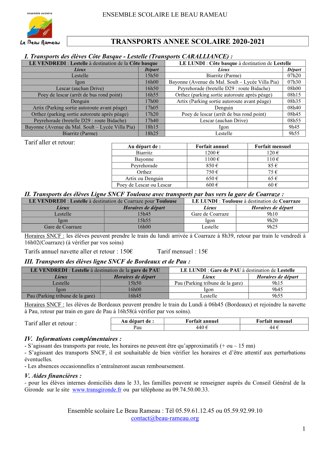 Transports Annee Scolaire 2020-2021