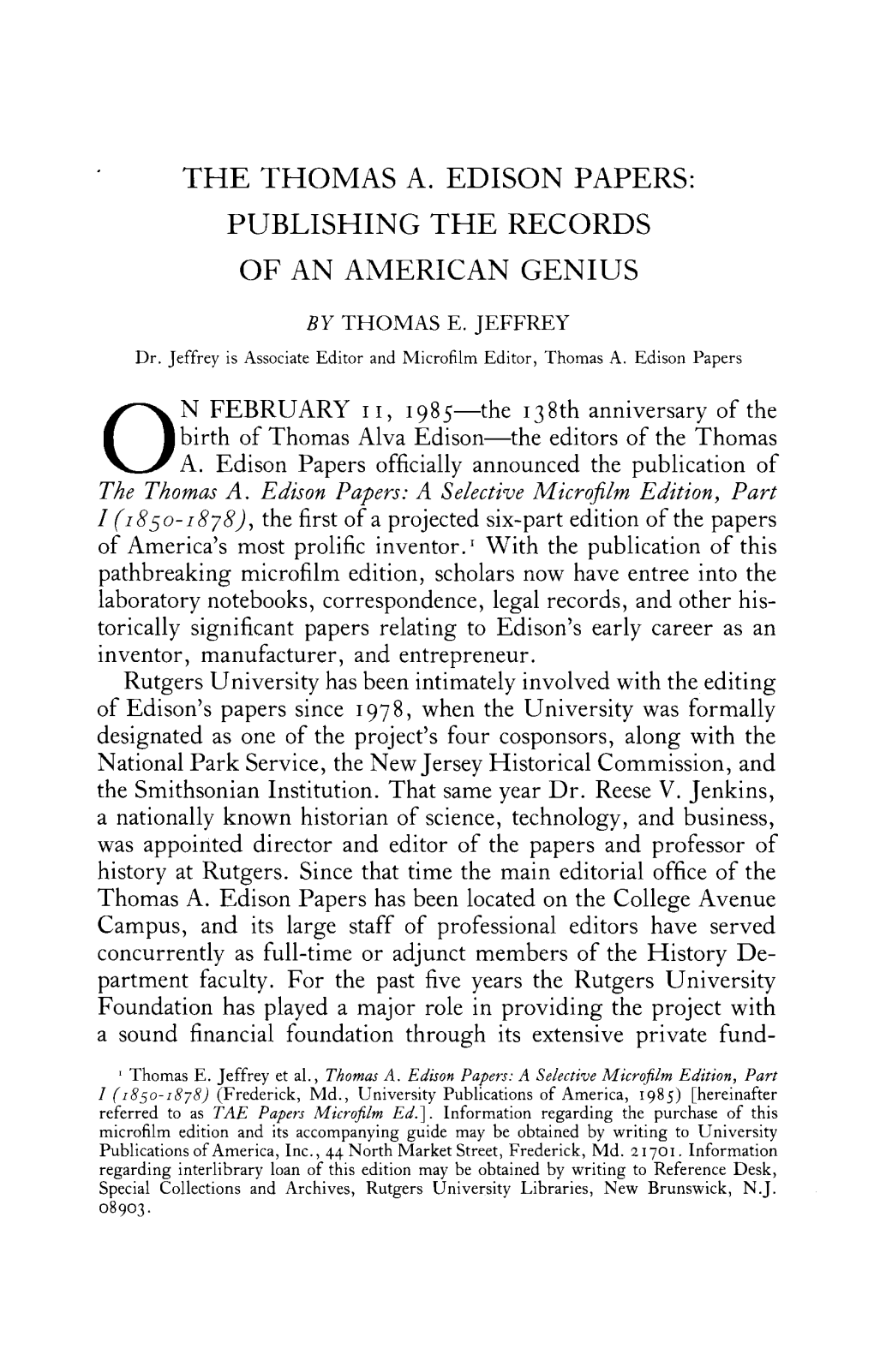 The Thomas A. Edison Papers: Publishing the Records of an American Genius