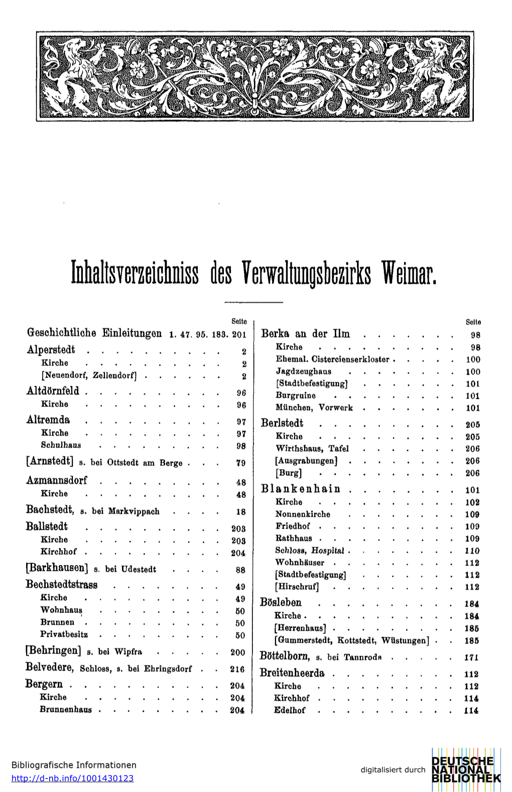 Inhaltsverzeichniss Des Verwaltungsbezirks Weimar