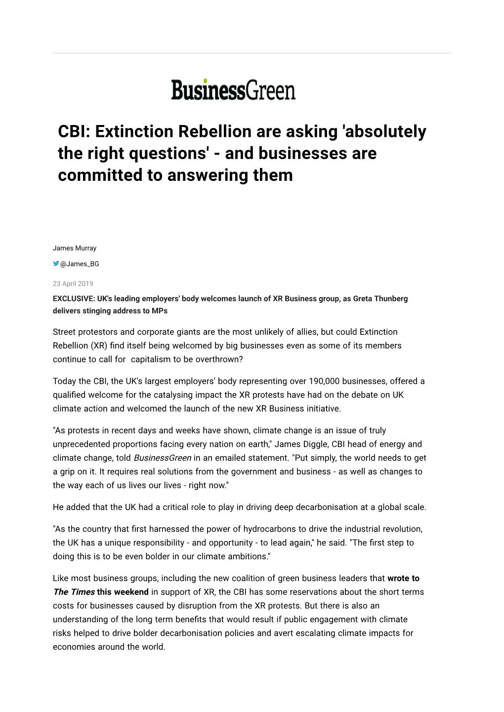 CBI: Extinction Rebellion Are Asking 'Absolutely the Right Questions' - and Businesses Are Committed to Answering Them