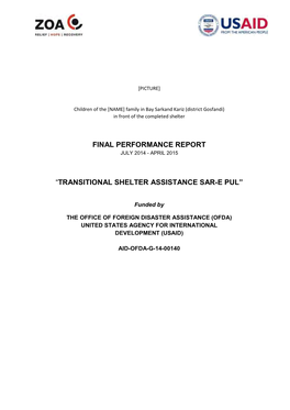 Final Performance Report “Transitional Shelter Assistance Sar-E Pul”