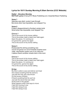 Lyrics for 10/11 Sunday Morning 8:30Am Service (CCC Website)