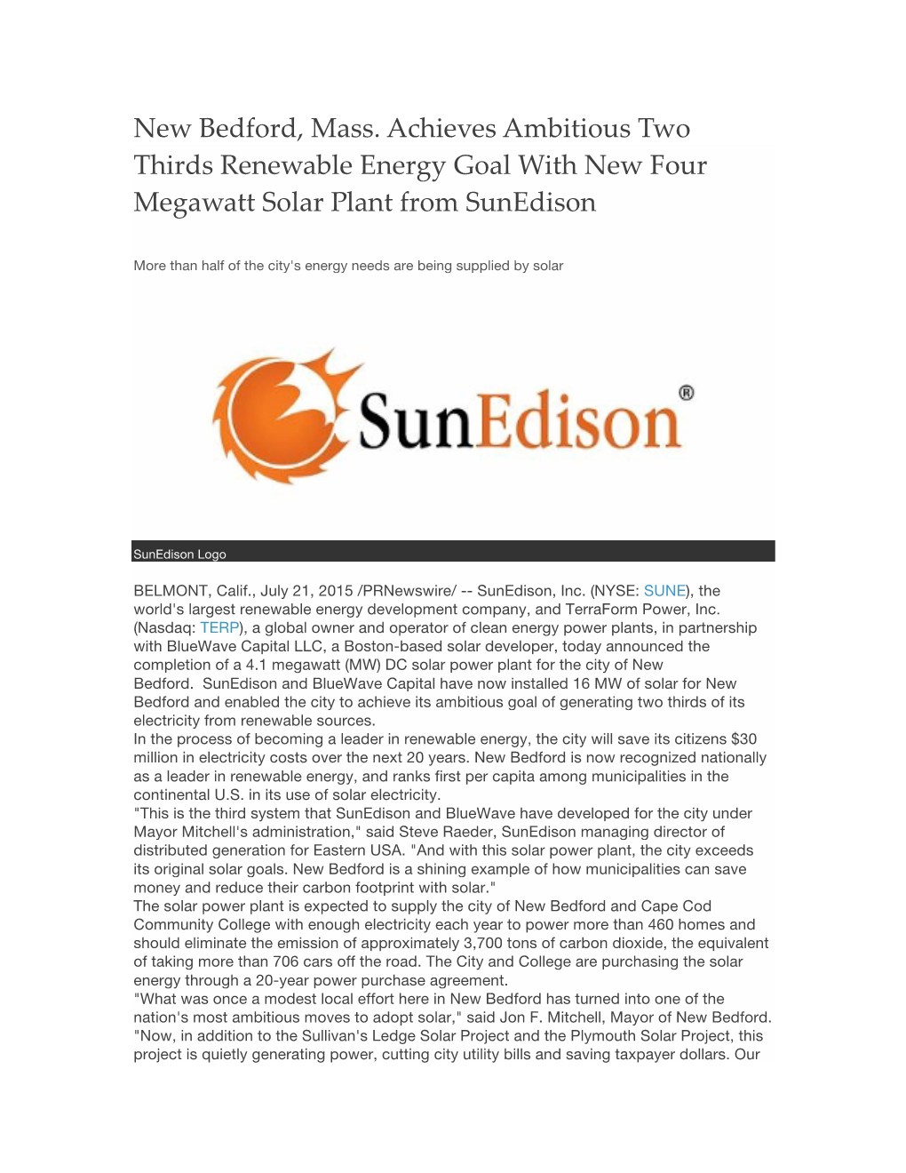 Sunedison JUL 21 2015 New Bedford PR.Pdf