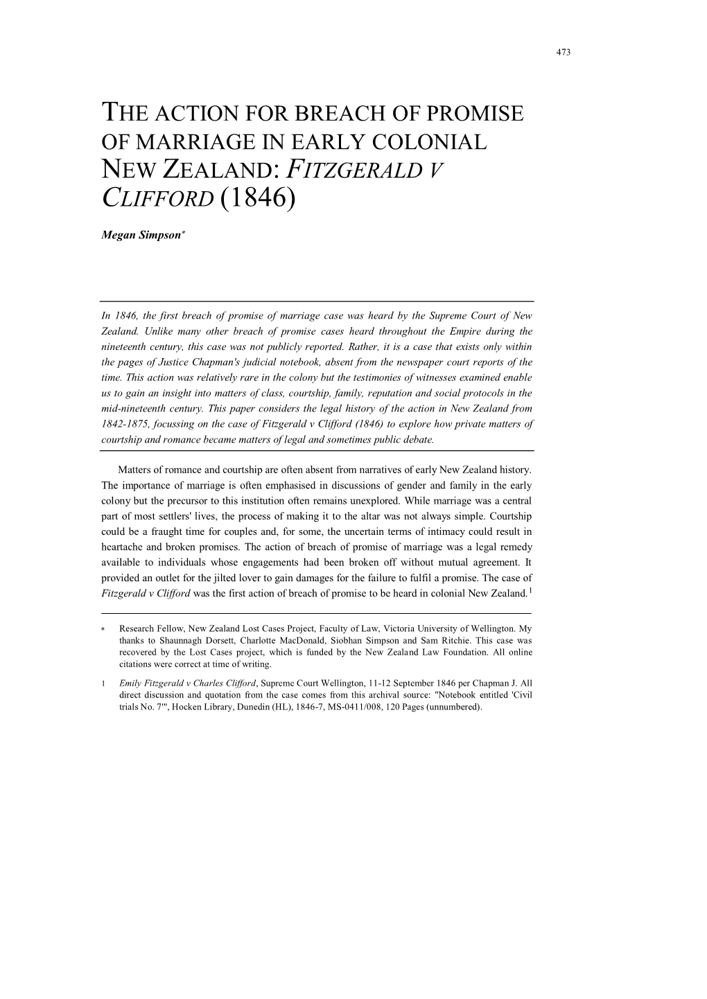 The Action for Breach of Promise of Marriage in Early Colonial New Zealand: Fitzgerald V Clifford (1846)