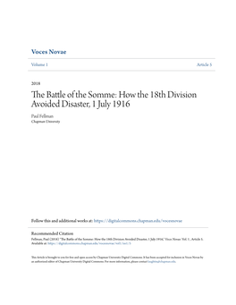 The Battle of the Somme: How the 18Th Division Avoided Disaster, 1 July 1916 Paul Fellman