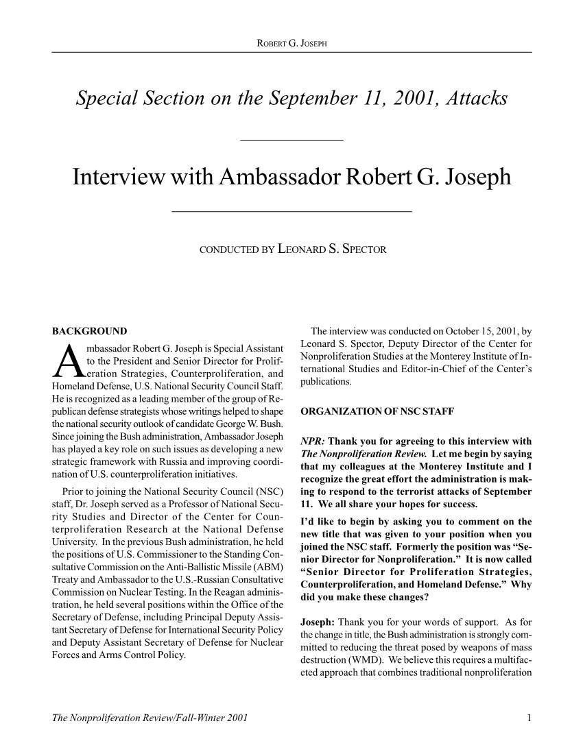 Interview with Ambassador Robert G. Joseph