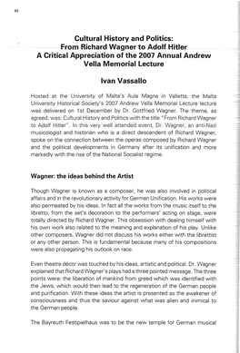 Cultural History and Politics: from Richard Wagner to Adolf Hitler a Critical Appreciation of the 2007 Annual Andrew Vella Memorial Lecture