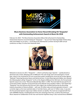'Despacito' with Outstanding Achievement Award at Music Biz 2018