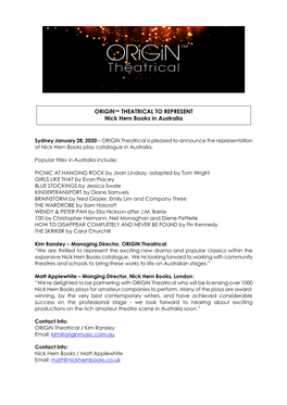 Origin™ THEATRICAL to REPRESENT Nick Hern Books In