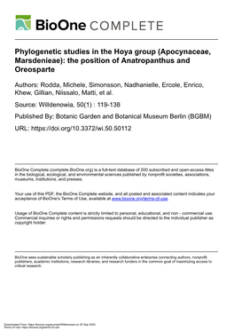 Phylogenetic Studies in the Hoya Group (Apocynaceae, Marsdenieae): the Position of Anatropanthus and Oreosparte