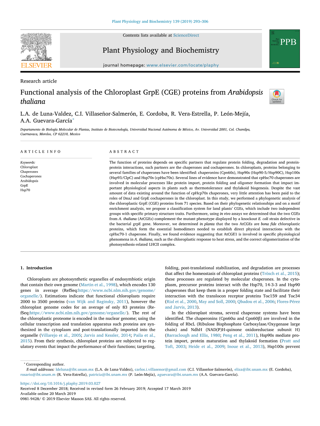 Functional Analysis of the Chloroplast Grpe (CGE) Proteins from Arabidopsis Thaliana T