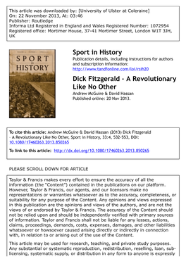 Dick Fitzgerald – a Revolutionary Like No Other Andrew Mcguire & David Hassan Published Online: 20 Nov 2013