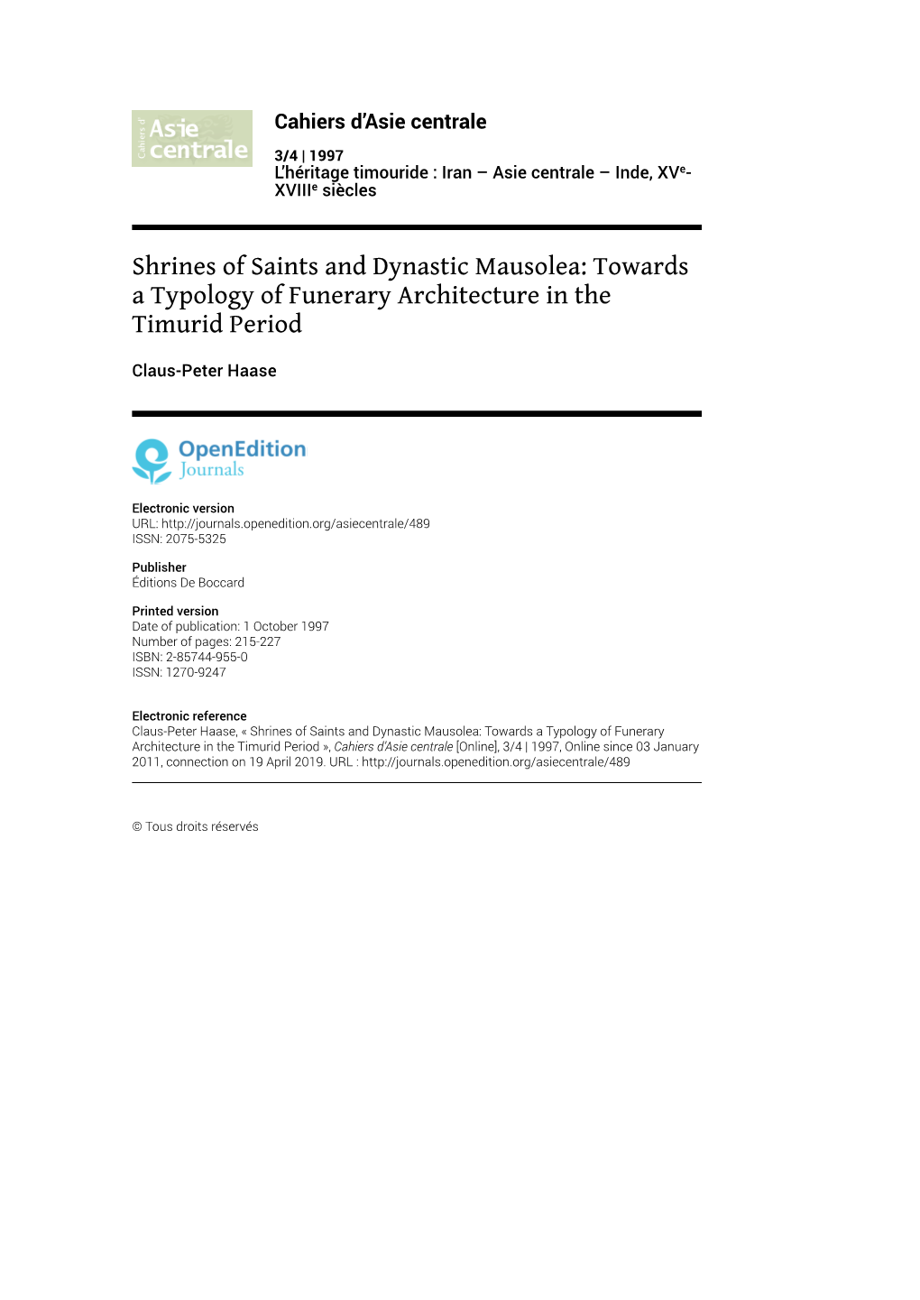 Shrines of Saints and Dynastic Mausolea: Towards a Typology of Funerary Architecture in the Timurid Period